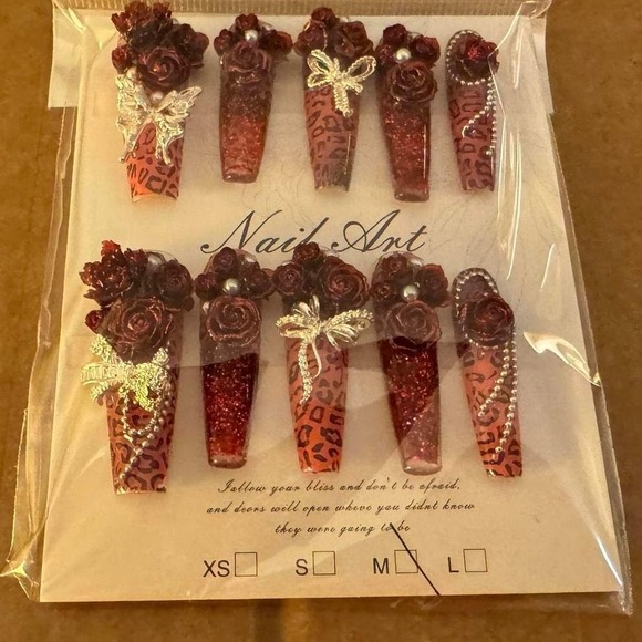 Other - Red Leopard 3D Press On Nails Long Coffin Burgundy Rose Silver Butterfly Size M